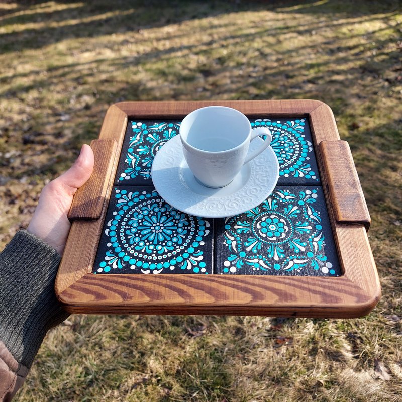 Wood coffee tray with handpainted wood tiles - Serving Trays & Cutting Boards - Wood Blue