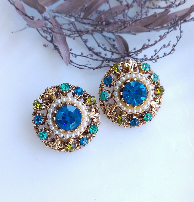 Vintage Jewelry 西洋古董飾品 FLORENZA 藍綠色調萊茵 夾式耳環 - 耳環/耳夾/耳骨夾 - 其他金屬 金色