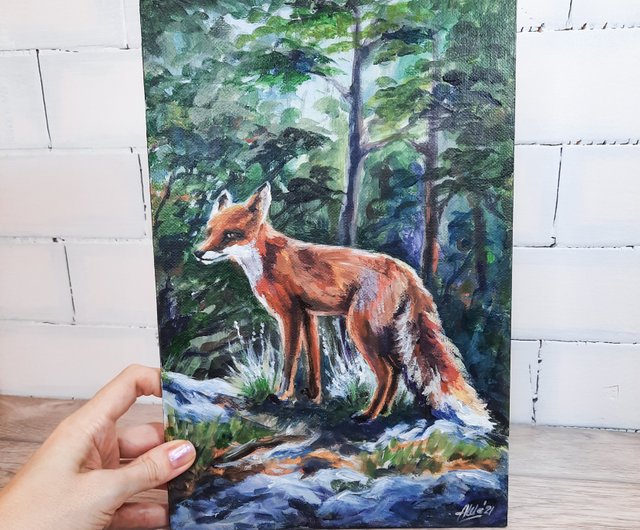 キツネの絵 オリジナルアクリル画 森の風景 森の動物アート