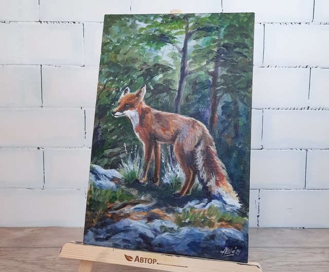 キツネの絵 オリジナルアクリル画 森の風景 森の動物アート