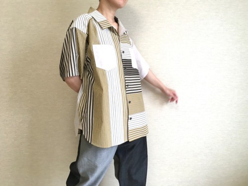 Short sleeve loose shirt 011/ Khaki green random stripes - Women's Tops - Cotton & Hemp 