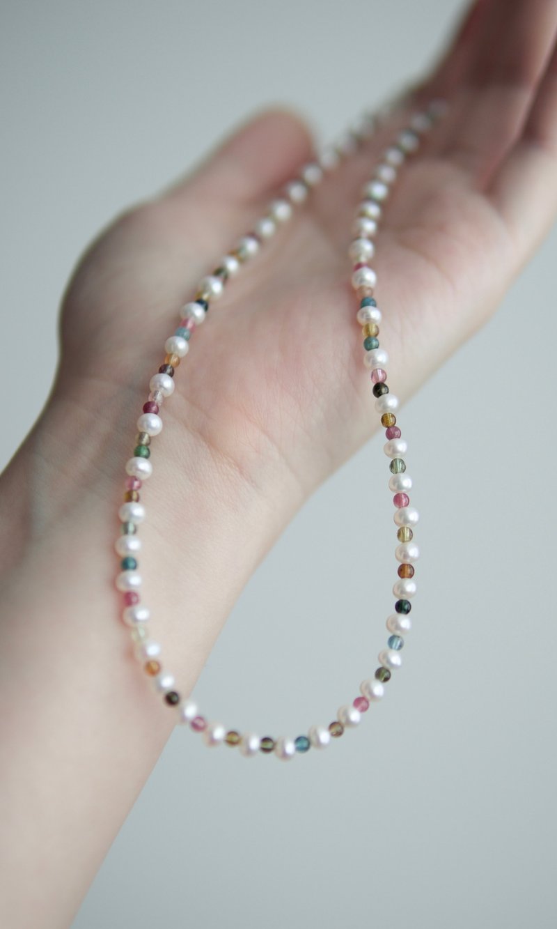 Tourmaline + Freshwater Non-nuclear Pearl Necklace Clavicle Chain - Collar Necklaces - Pearl 