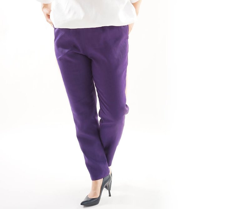 linen pants / bottoms / long length / tapered pants / elastic waist / bo1-42 - กางเกงขายาว - ผ้าฝ้าย/ผ้าลินิน สีม่วง