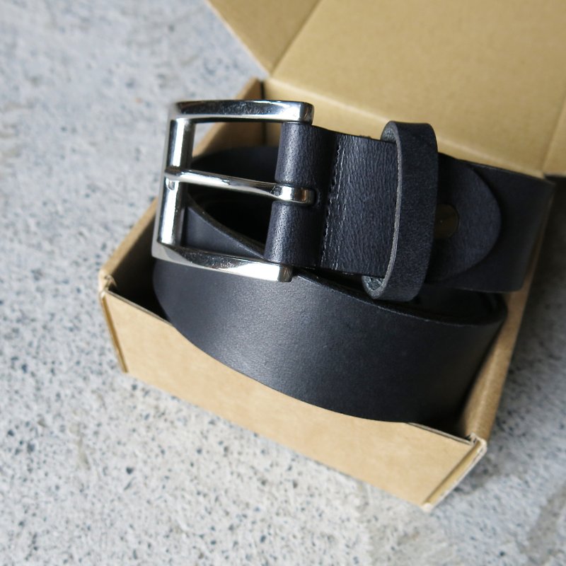 Black handmade 3.5cm genuine leather belt for men ( Steel belt buckle) - เข็มขัด - หนังแท้ สีดำ