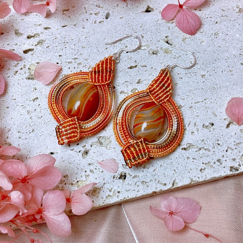 橘紅千層纏絲瑪瑙S925純銀造型編繩耳墜 - 耳環/耳夾/耳骨夾 - 玉石 橘色