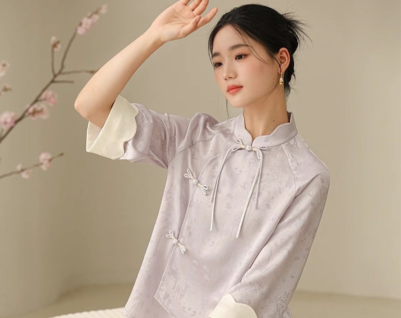 槿柔 新中式中國風 醋酸花瓣領上衣/半裙 - 女上衣/長袖上衣 - 其他材質 紫色