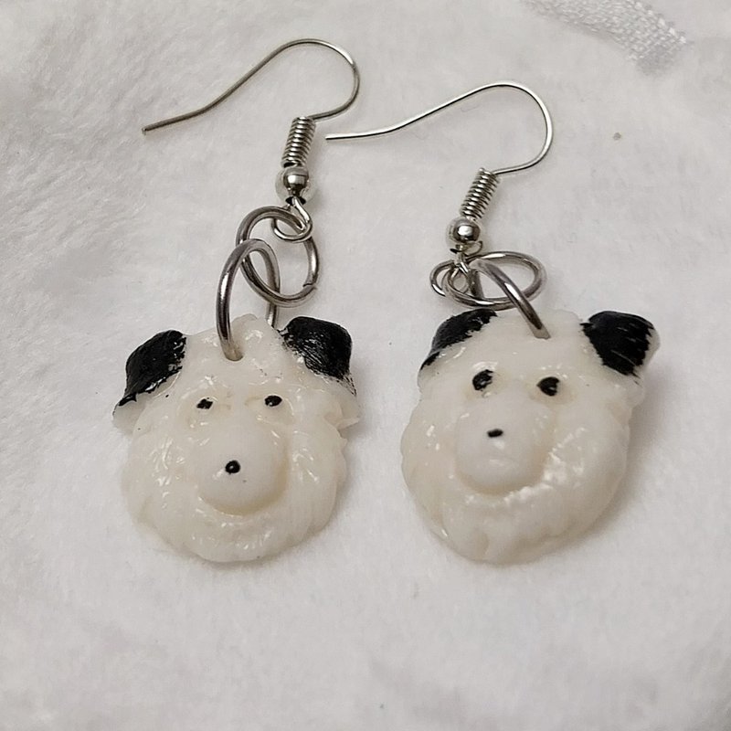 White Black Dog Earring Handmade Air Dry Clay Eco Friendly Stainless Hook - Earrings & Clip-ons - Clay White