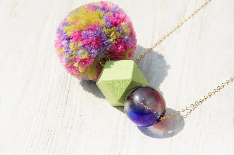 Mother's Day gift / forest series / French style foreign material stitching necklace clavicle chain short chain long chain-segment dyed yarn ball + geometric wood + gradient glass ball - Long Necklaces - Glass Multicolor