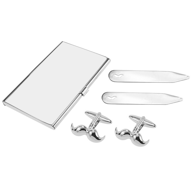 Moustache Cufflinks Collar Stays and Card Holder Set - Cuff Links - Other Metals Silver
