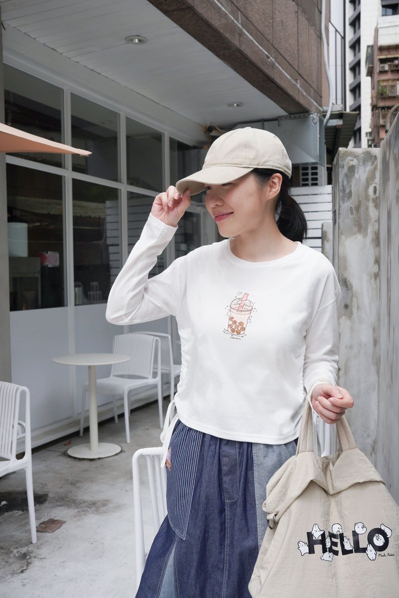 Mochi Rabbit Milk Thin Long Sleeves with Drawstrings on Both Sides (White) - Women's Tops - Cotton & Hemp White