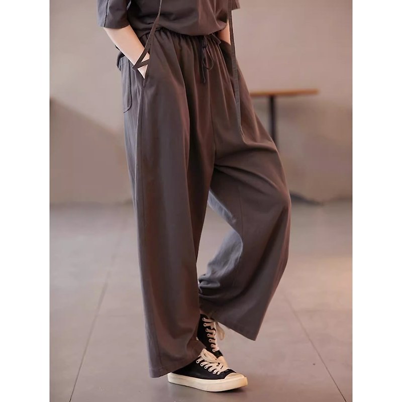 Charcoal Grey Cotton Elastic Waist Knitted Casual Carrot Pants - กางเกงขายาว - ผ้าฝ้าย/ผ้าลินิน 