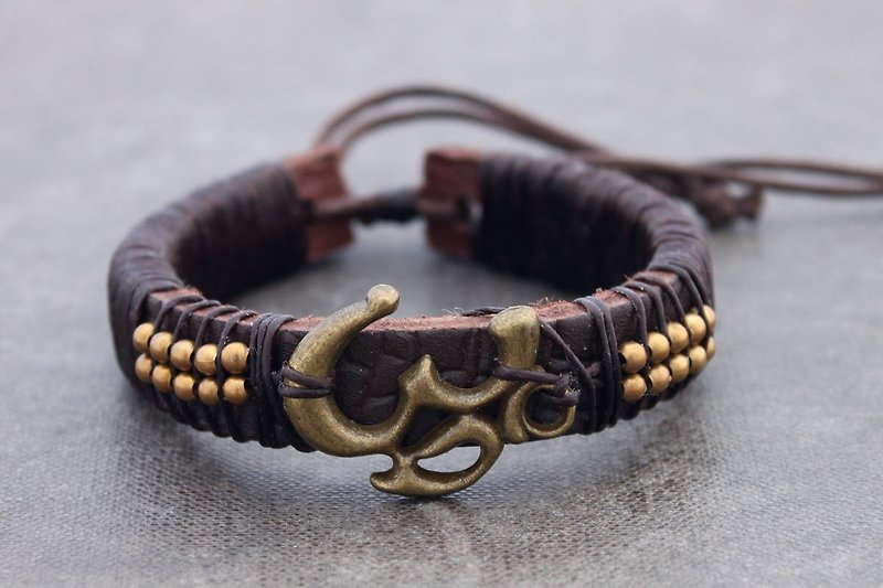 Leather Beaded Bracelets Men Unisex Charm Brass Om Symbol Adjustable Tibetan - สร้อยข้อมือ - หนังแท้ สีนำ้ตาล