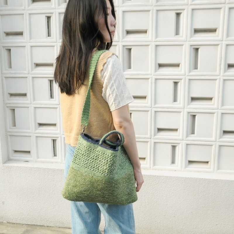 小さな菜園の編みバッグ / 緑麻紐編み / 手提げ斜め掛け2WAYバッグ / ハンドバッグ / ショルダーバッグ - ショルダーバッグ - コットン・麻 グリーン