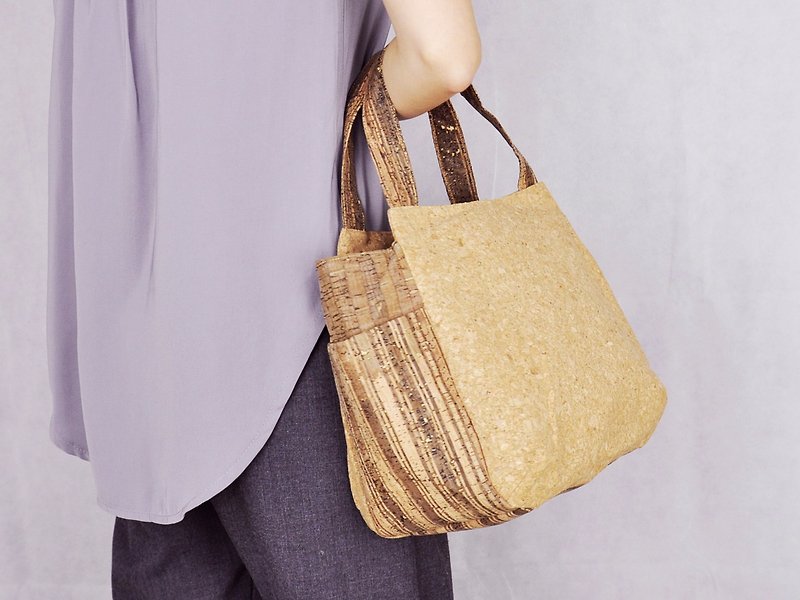 Paralife Cork Wood grain Handbag/Lunch Bag ( embroidery name) - Handbags & Totes - Other Materials Khaki
