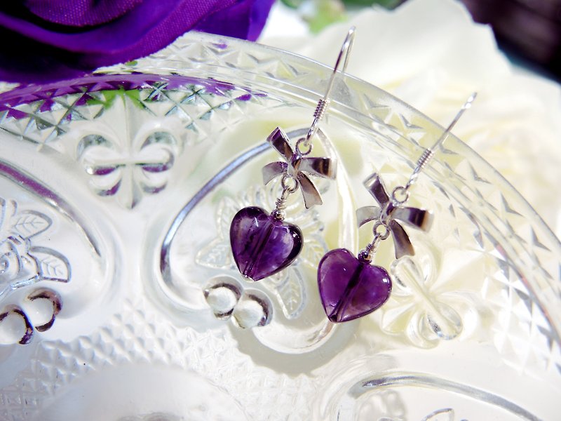 "Purple passion purple love" elegant temperament heart-shaped amethyst 925 sterling silver bow ear hook earrings - Earrings & Clip-ons - Gemstone Purple