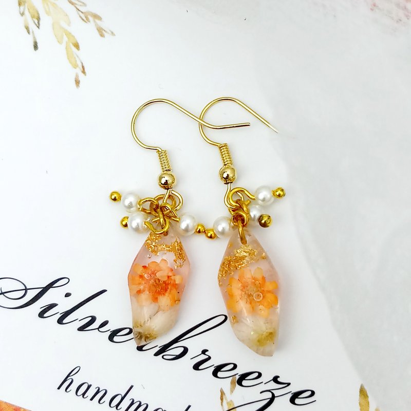 永生花耳環 真花耳環 乾燥花耳環 不凋花 禮物 耳夾 - 耳環/耳夾/耳骨夾 - 銀 橘色