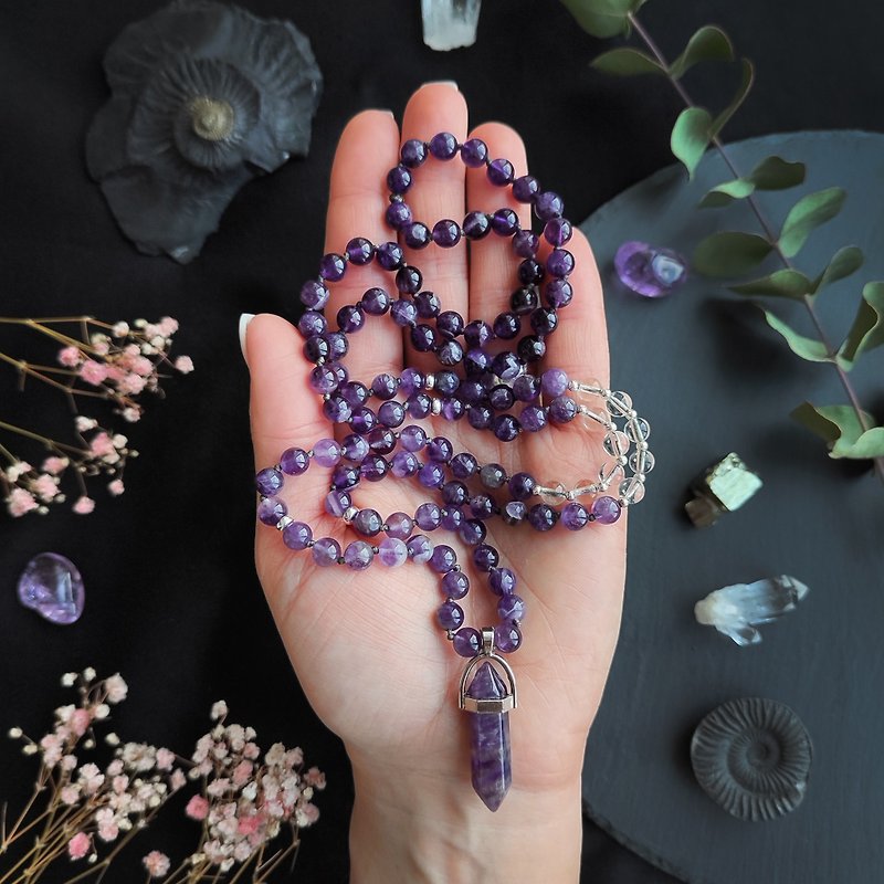 Mala LILAC Amethyst and Quartz 108 Meditation Beads - Long Necklaces - Semi-Precious Stones Purple