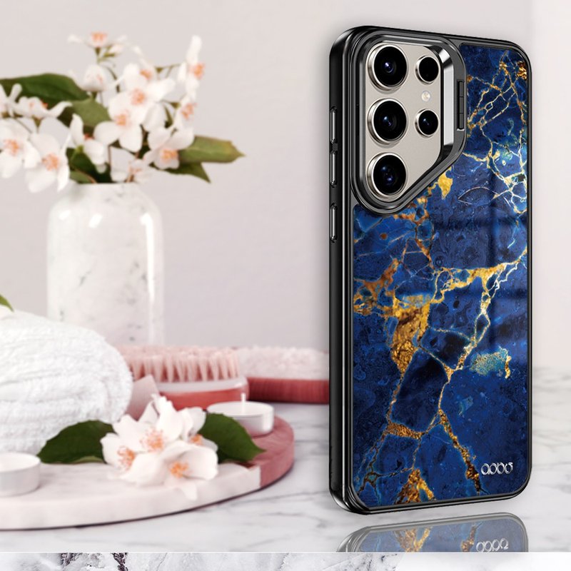Samsung S25/S24/S23軍規防摔合金框隱形立架手機殼-大理石寶石藍 - 手機殼/手機套 - 其他材質 多色
