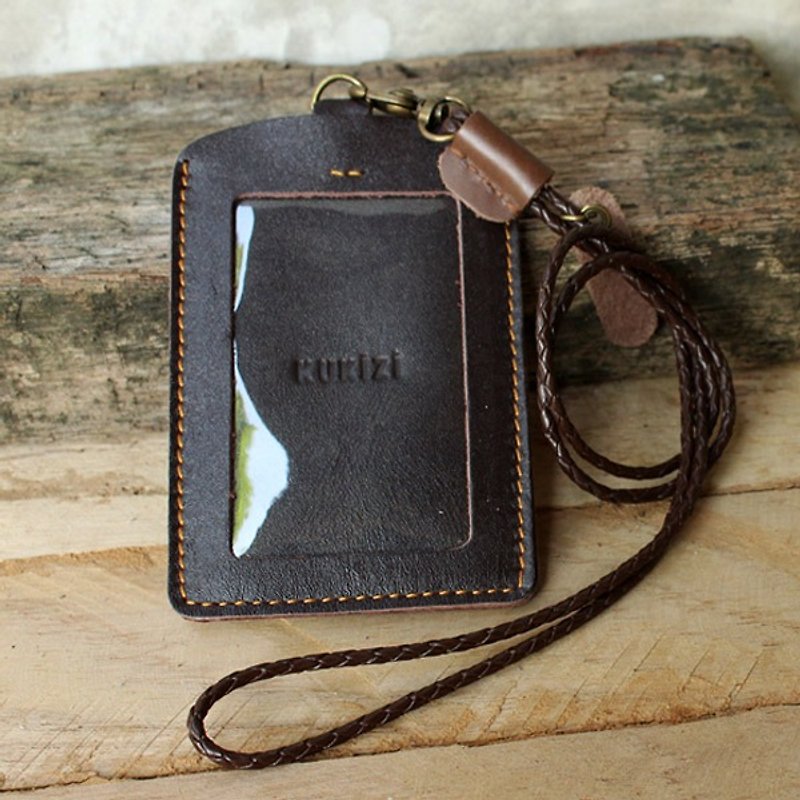 ID case / Key card case / Card case / Card holder - ID 2 -- Dark Brown + Dark Brown Lanyard (Genuine Cow Leather) - ที่ใส่บัตรคล้องคอ - หนังแท้ 