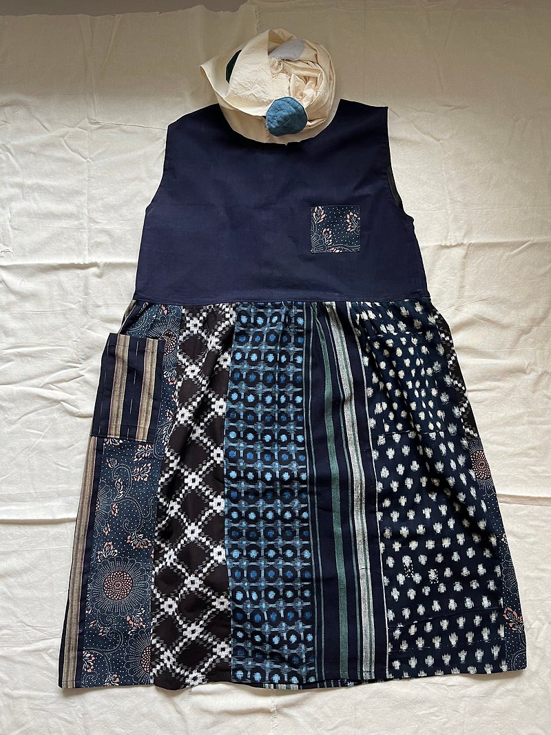 Japanese ancient cloth Kurume cloth handmade dress - One Piece Dresses - Cotton & Hemp Blue