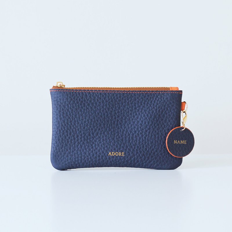 Handmade leather Coin Purse with Personalized Name Stamp - NAVY BLUE - 零錢包/小錢包 - 真皮 藍色