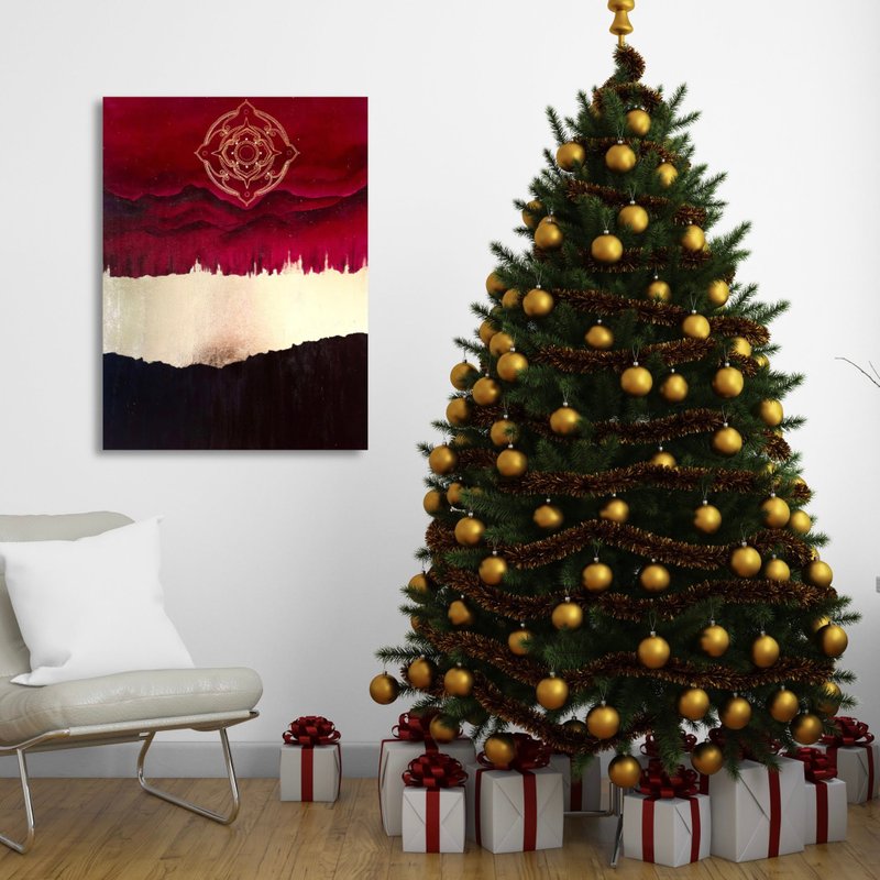 Burgundy abstract landscape art Golden mandala painting Sacred geometry art - Wall Décor - Acrylic Red