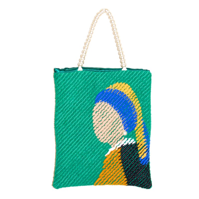 Mokémoke Handbag Girl with a Pearl Earring Slash Quilt - กระเป๋าถือ - ผ้าฝ้าย/ผ้าลินิน สีเขียว