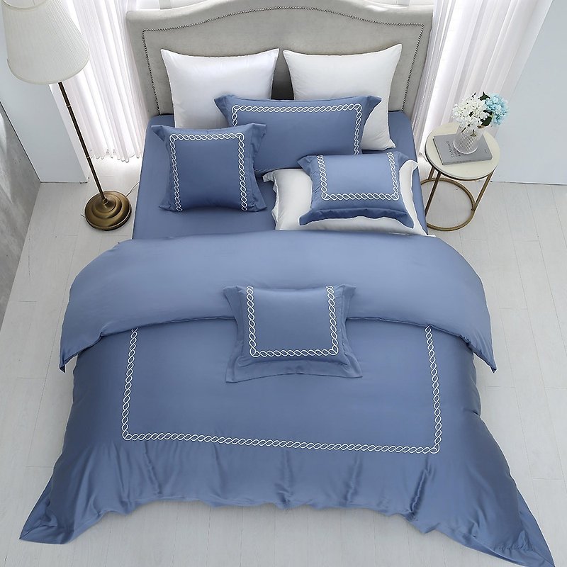 Hongyu 300-woven Tencel cotton dual-use quilt cover, bed bag set, Yashi blue (double/large/extra large) - เครื่องนอน - วัสดุอื่นๆ สีน้ำเงิน