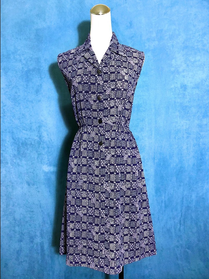 Blue Plaid Sleeveless Vintage Dress / Bring back VINTAGE abroad - One Piece Dresses - Polyester Blue