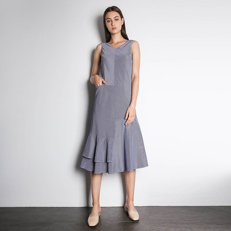 無袖斜裁拼接條紋V領休閒連身裙 - 連身裙 - 聚酯纖維 藍色