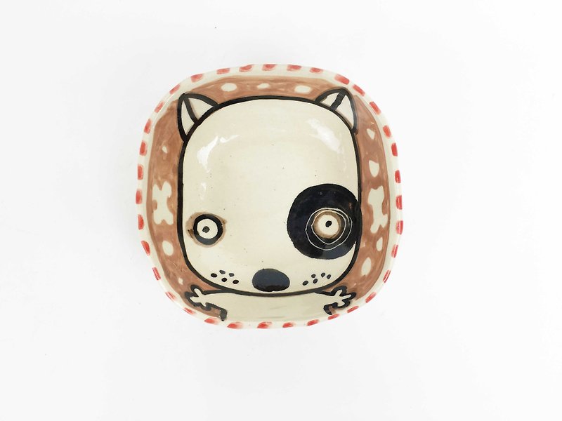 Nice Little Clay handmade painted small dish _ black round dog 0304-15 - จานเล็ก - ดินเผา สีนำ้ตาล
