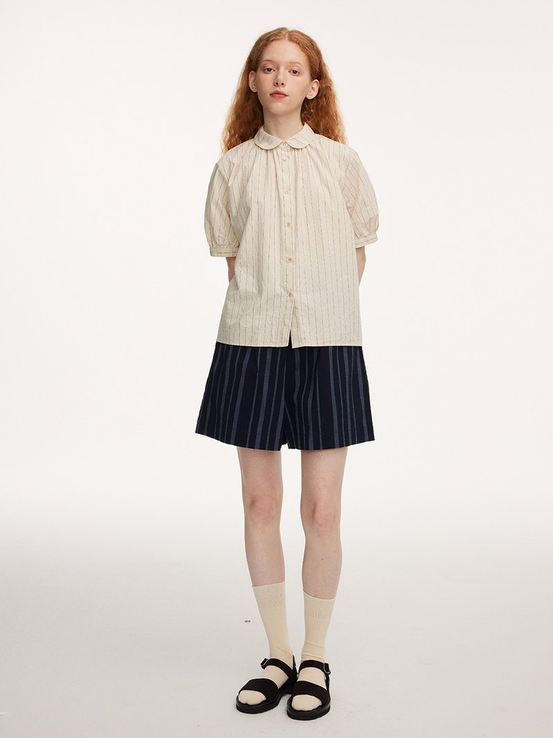 College temperament yarn-dyed striped small round neck cotton short-sleeved shirt - เสื้อผู้หญิง - ผ้าฝ้าย/ผ้าลินิน สีเหลือง