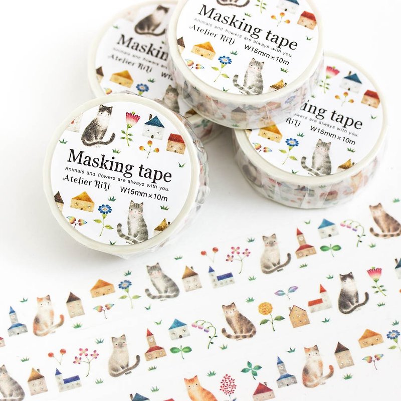 A piece of a picture book. Masking tape Cats and colorful flower lover and house MT-4 - Washi Tape - Paper Multicolor