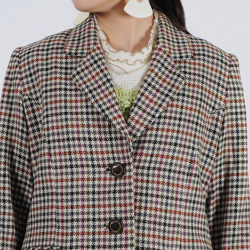 [Egg plant vintage] Fine grid dance music skirt-style wool vintage suit - Women's Blazers & Trench Coats - Wool 