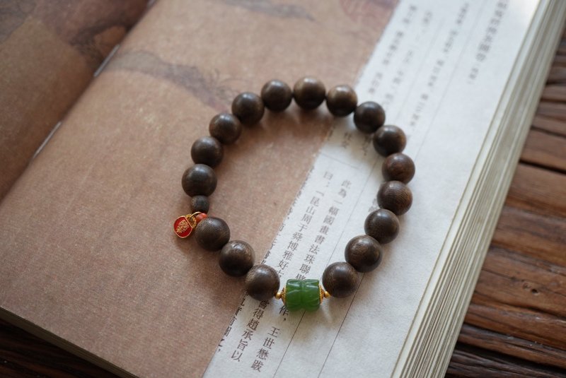 10mm天然沈香珠/沉香珠 碧玉並蒂蓮純銀扎吉拉姆設計單圈手串s - 手鍊/手環 - 木頭 咖啡色