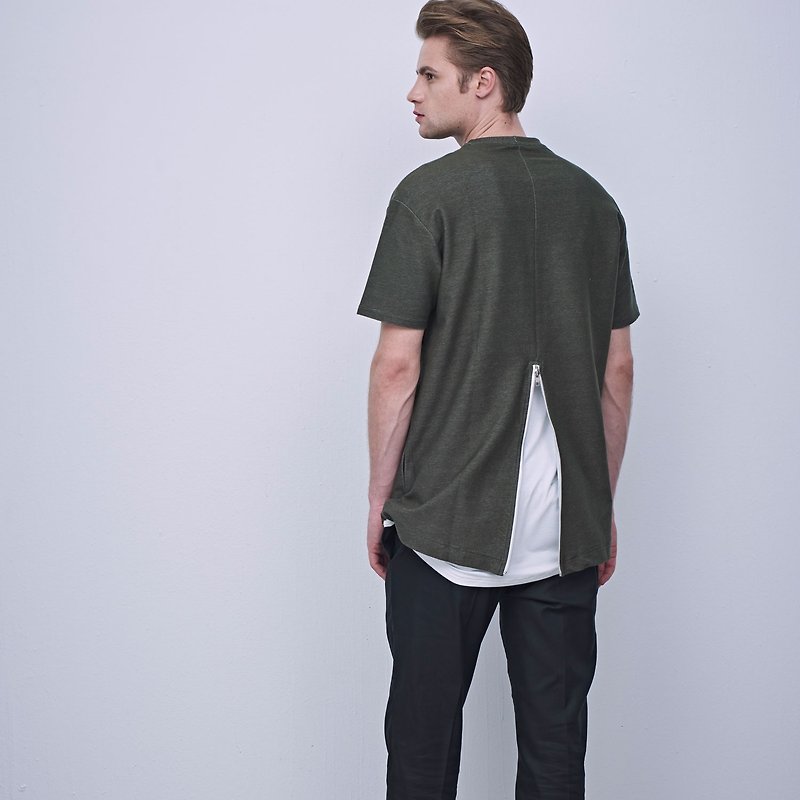 Stone as_Designer Brand Zipper T-shirt / Zipper Van Army Green Tee - เสื้อยืดผู้ชาย - ผ้าฝ้าย/ผ้าลินิน สีเขียว