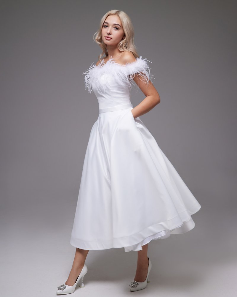 Short Satin Wedding Dress, Corset Wedding Gown Satin, Tea Length Wedding Dress - Evening Dresses & Gowns - Other Materials White