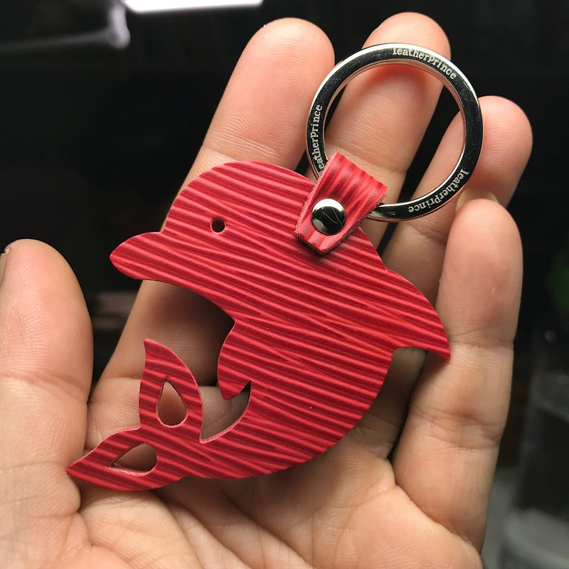 {Leatherprince handmade leather} Taiwan MIT red cute dolphin silhouette version leather key ring / Dolphin Silhouette epi leather keychain in red (Small size / - ที่ห้อยกุญแจ - หนังแท้ สีแดง