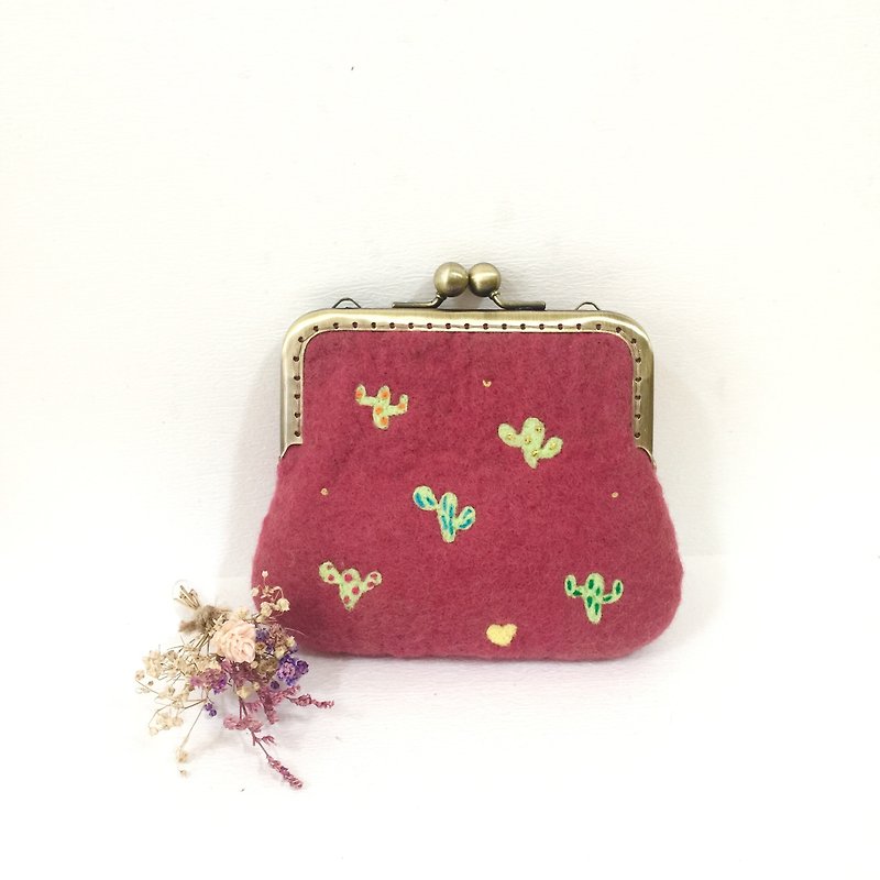 Raspberry red cactus wool felt mouth gold package - Wallets - Wool Red