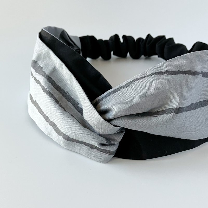 Gray line black contrast handmade hairband pure cotton cross hairband breathable - เครื่องประดับผม - ผ้าฝ้าย/ผ้าลินิน สีเทา