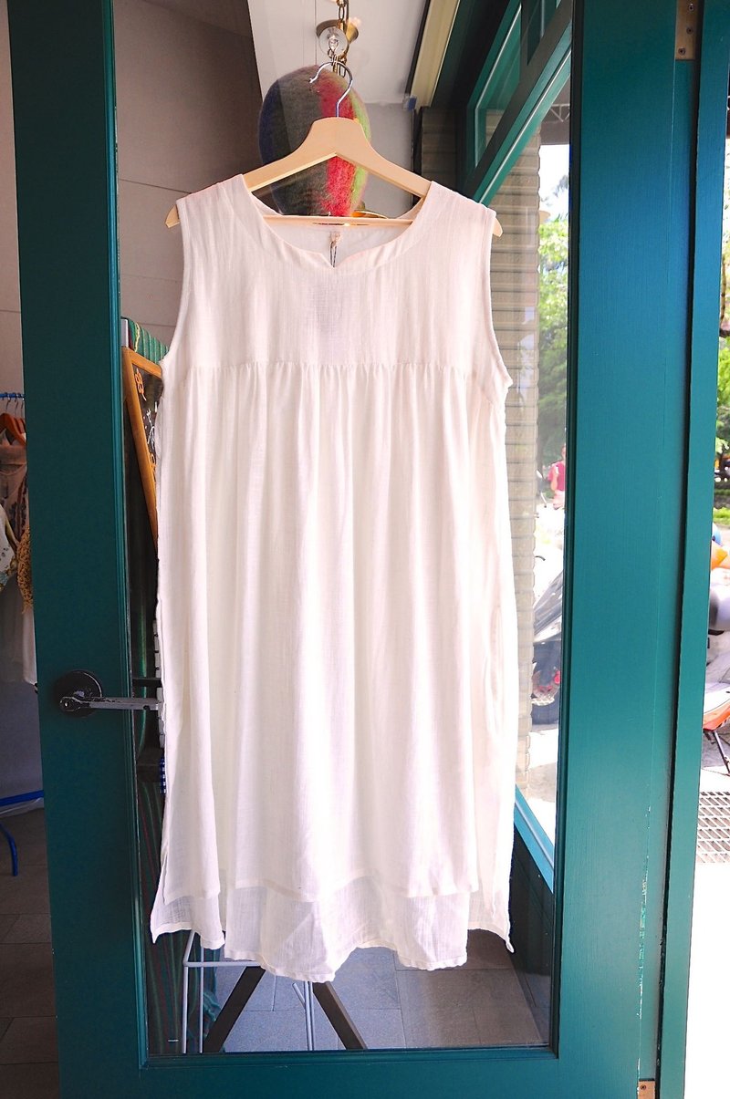 Purin select zakka BJ1603057 open V waist drape dress / white - ชุดเดรส - ผ้าฝ้าย/ผ้าลินิน ขาว