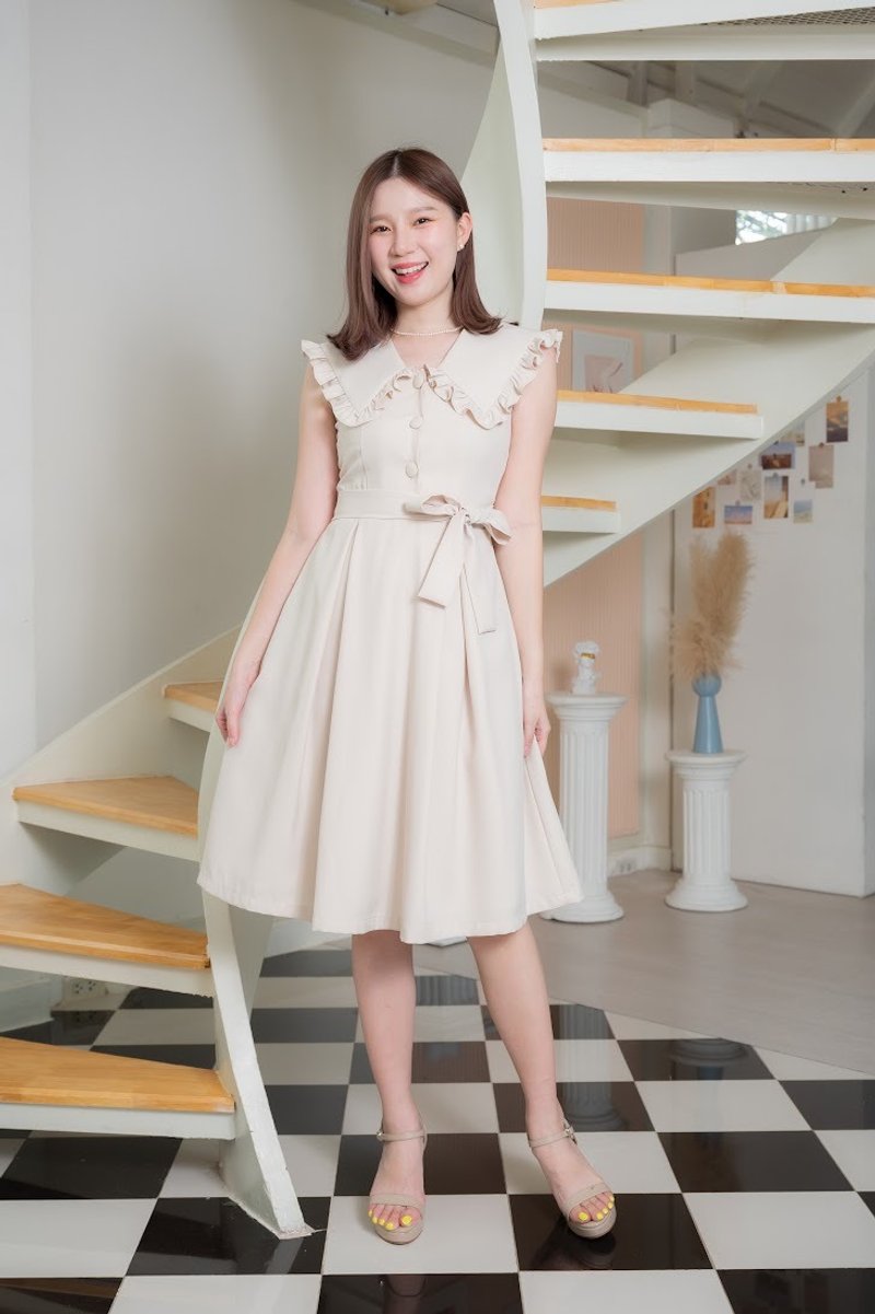 Julieta dress cream dress party dress big collar ruffle trim vintage sundress - 連身裙 - 聚酯纖維 白色