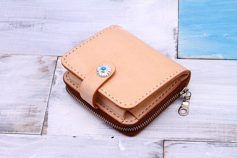 [Cutting line] Genuine leather handmade short mini wallet original color - Clutch Bags - Genuine Leather White
