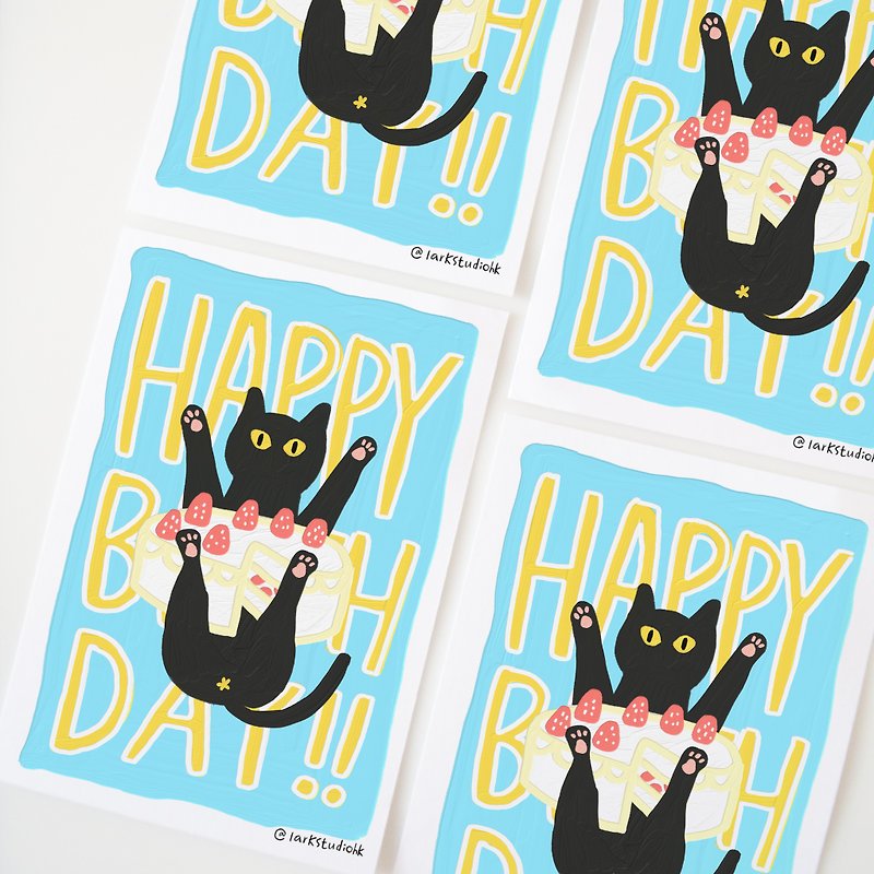 Doodle black cat June birthday card - การ์ด/โปสการ์ด - กระดาษ สีน้ำเงิน