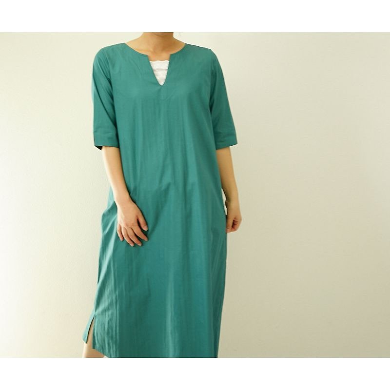 [Wafu] Washer cloth Cotton dress / Forest Green a46-3 - One Piece Dresses - Cotton & Hemp Green