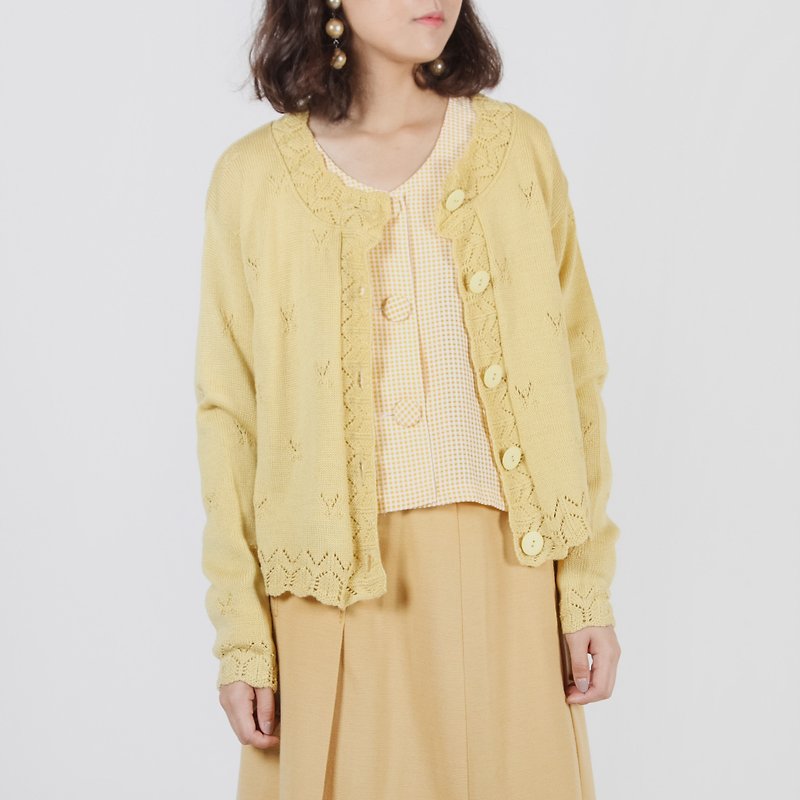 [Egg plant vintage] 士士柠檬派古着 knitted open coat - Women's Sweaters - Acrylic Yellow