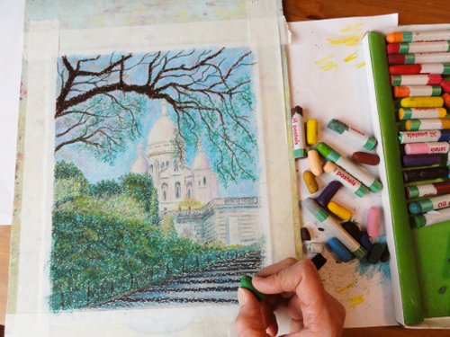 オイルパステル画「見守り」 パリサクレクール絵画オリジナルアートモンマルトル絵画オイルパステル