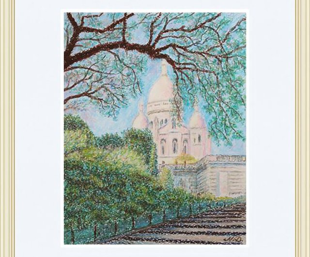 オイルパステル画「見守り」 パリサクレクール絵画オリジナルアートモンマルトル絵画オイルパステル