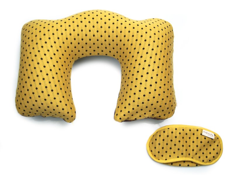 波點充氣可拆洗頸枕 + 甜睡眼罩套裝 - 黃色 - 枕頭/抱枕 - 棉．麻 黃色