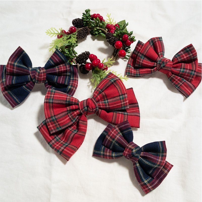 tartan check ribbon hairpin handmade headband - 髮圈/髮夾 - 其他材質 紅色